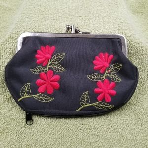 Black Fabric Double Compartment Kiss Lock Purse Red Embroidered Flowers